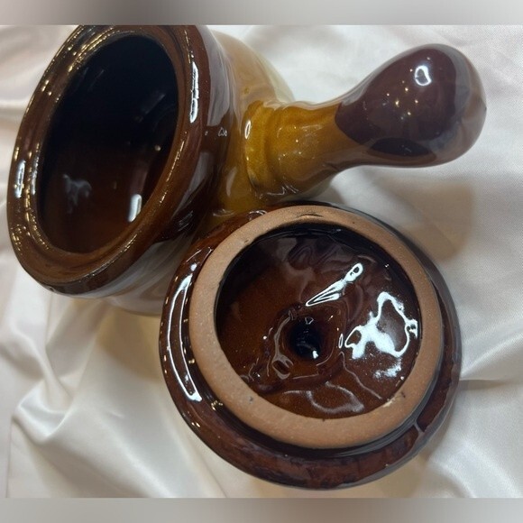 Vintage Stoneware Pottery Brown 
Handled Individual Soup Chili Bean Pot - Picture 2 of 7